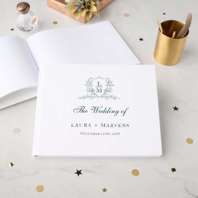 Elegant emerald Green  Grest Monogram Wedding Guest Book (Front Open)