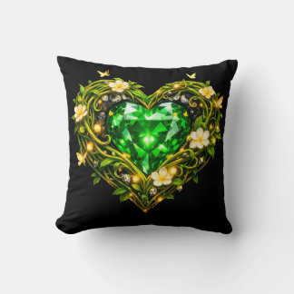 Elegant Emerald Green Heart Floral Throw Pillow