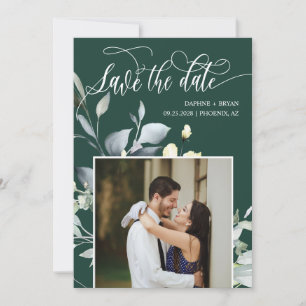 Elegant Emerald Green Leaves QR Code Photo Wedding Save The Date