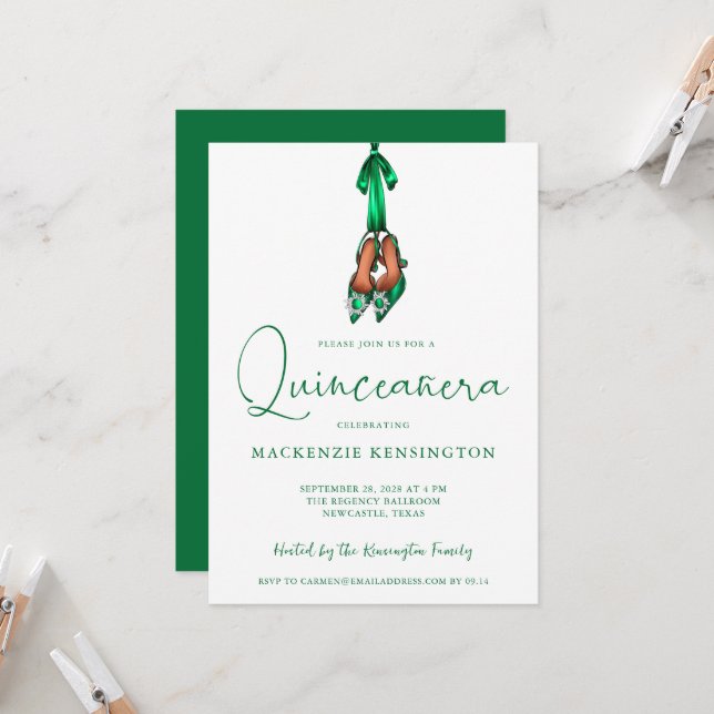 Elegant Emerald Green Lux High Heels Quinceañera Invitation (Front/Back In Situ)