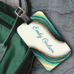 Elegant emerald green marble art faux gold glitter luggage tag