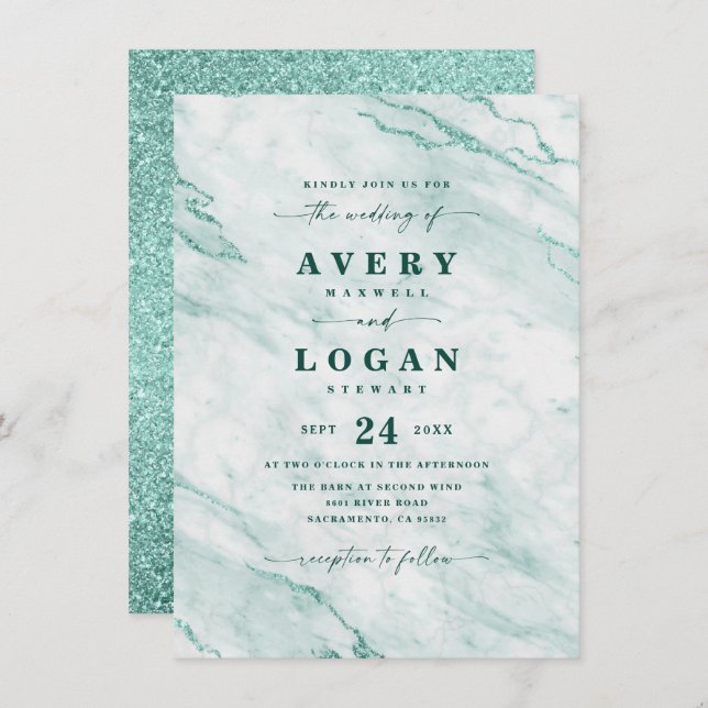 Elegant Emerald Green Marble & Glitter Wedding Invitation (Front/Back)