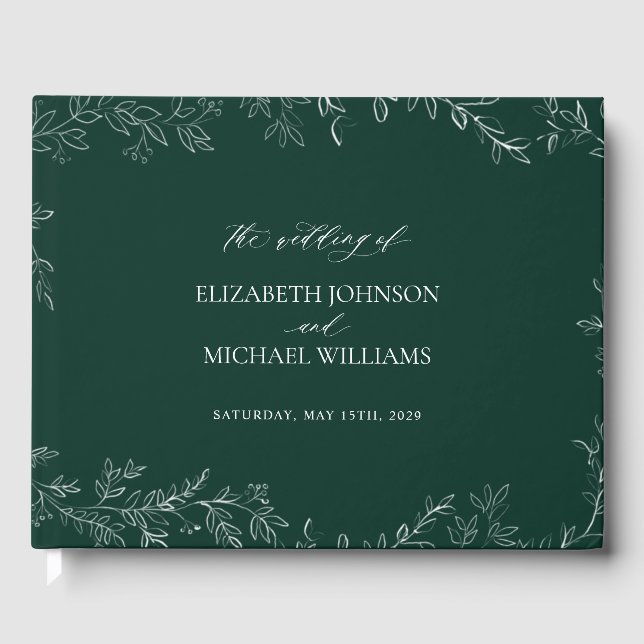 Elegant Emerald Green Modern Rustic Leaf Wedding Guest Book (Front)