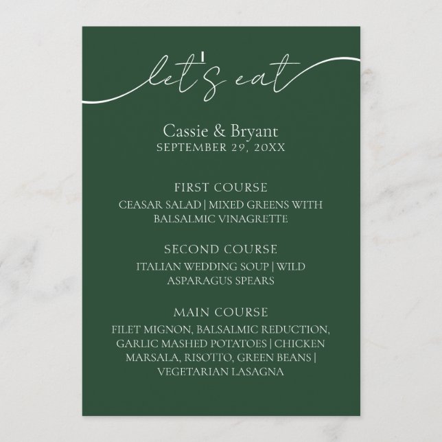 Elegant Emerald Green Modern Script Wedding Menu (Front)