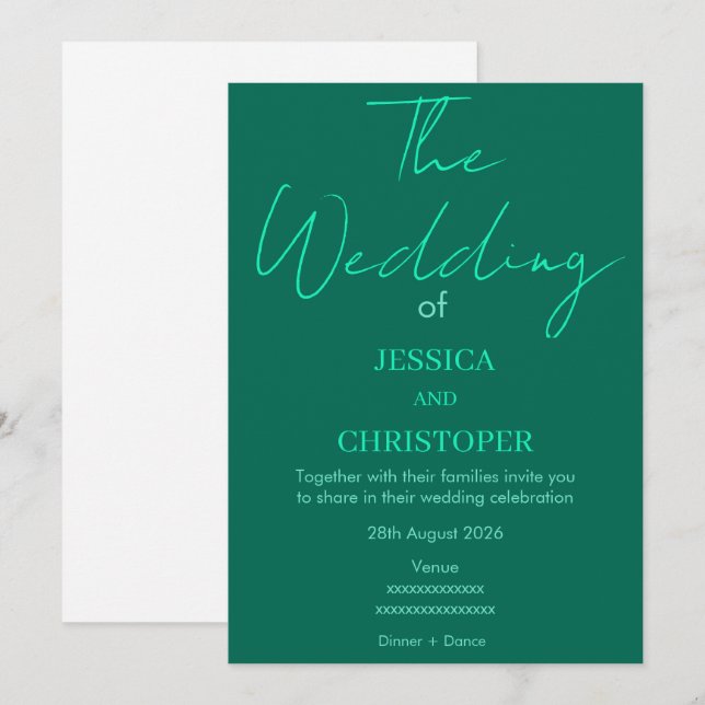 Elegant Emerald Green Modern Typography Wedding In Invitation (Front/Back)