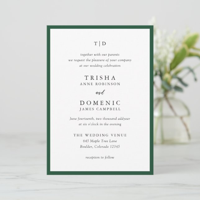 Elegant Emerald Green Monogram Modern Wedding Invitation (Standing Front)