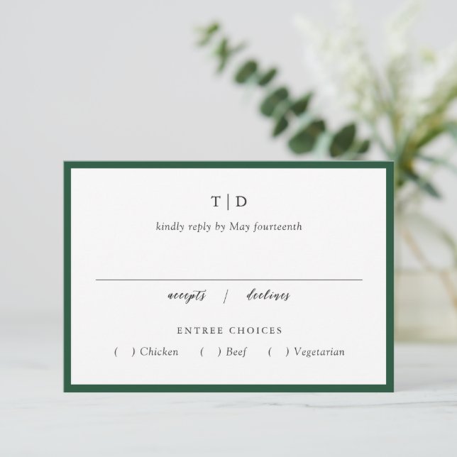 Elegant Emerald Green Monogram Modern Wedding RSVP Card (Standing Front)
