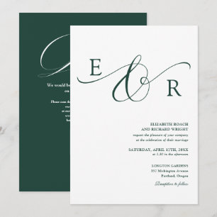 Elegant Emerald Green Monogram QR Code Wedding Invitation