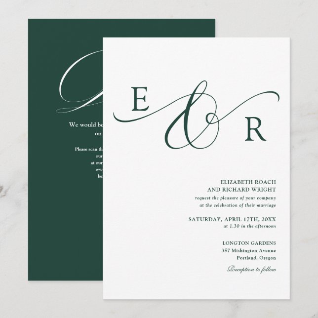 Elegant Emerald Green Monogram QR Code Wedding Invitation (Front/Back)