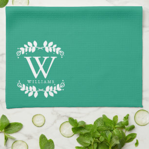 Elegant Emerald Green Monogram Tea Towel