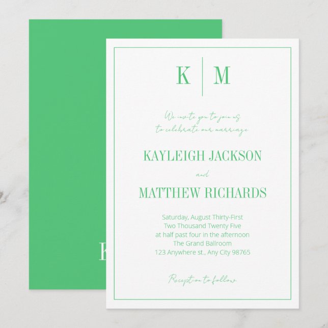 Elegant Emerald Green Monogram Wedding  Invitation (Front/Back)