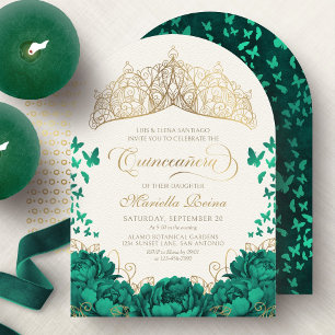 Elegant Emerald Green Princess Crown Quinceanera Invitation
