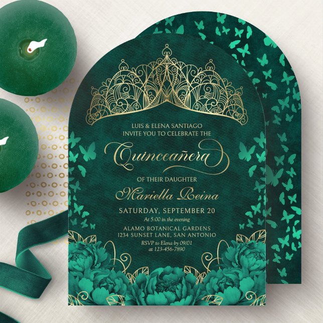 Elegant Emerald Green Princess Crown Quinceanera Invitation (Creator Uploaded)