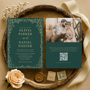 Elegant Emerald Green QR Code Photo Wedding Invitation