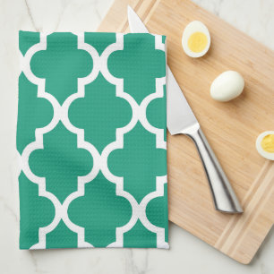 Elegant Emerald Green Quatrefoil Tiles Pattern Tea Towel