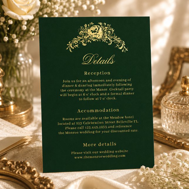 Elegant Emerald Green Regency Wedding Details Card (Emerald green real gold foil wedding details card with elegant botanical crest.)