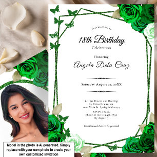 Elegant Emerald Green Rose 18th Birthday Debut Invitation