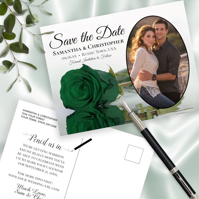 Elegant Emerald Green Rose and Photo Save The Date Announcement Postcard (Creator Uploaded)