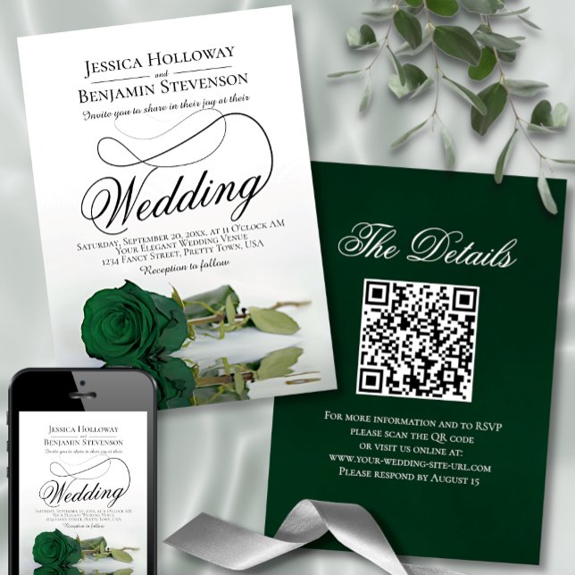 Elegant Emerald Green Rose Fancy QR Code Wedding Invitation (Creator Uploaded)