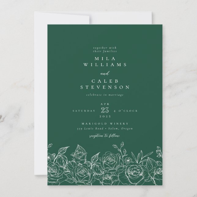 Elegant Emerald Green Rose Floral Wedding Invitation (Front)