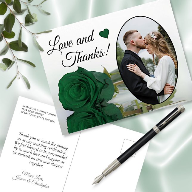 Elegant Emerald Green Rose Wedding Love & Thanks Postcard (Creator Uploaded)