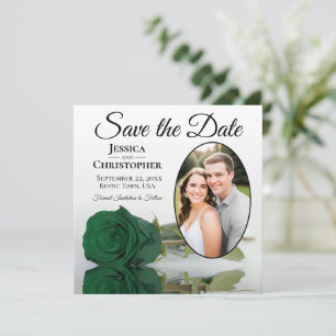 Elegant Emerald Green Rose with Oval Photo Wedding Save The Date