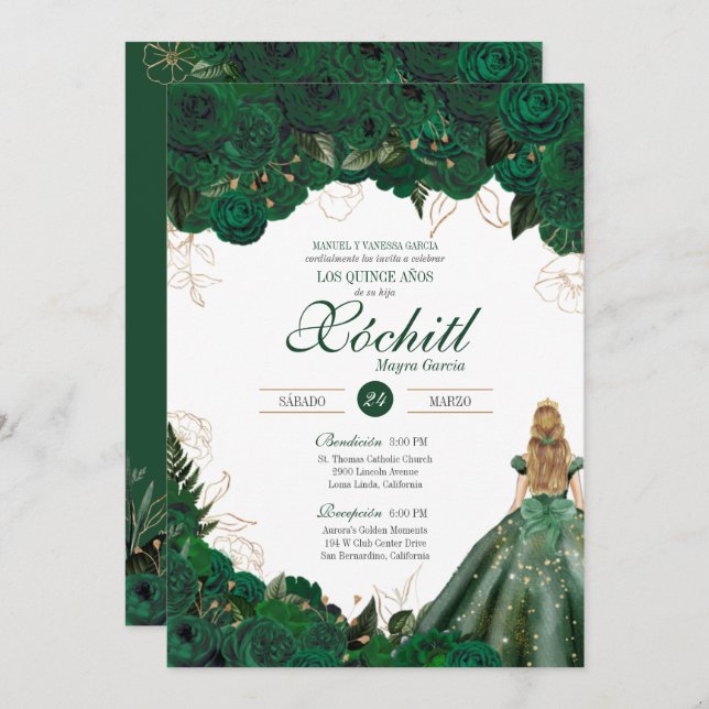 Elegant Emerald Green Roses Quince Anos Birthday I Invitation (Front/Back)