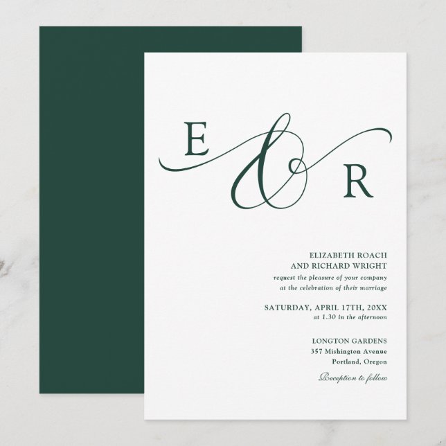 Elegant Emerald Green Script Monogram Wedding Invitation (Front/Back)