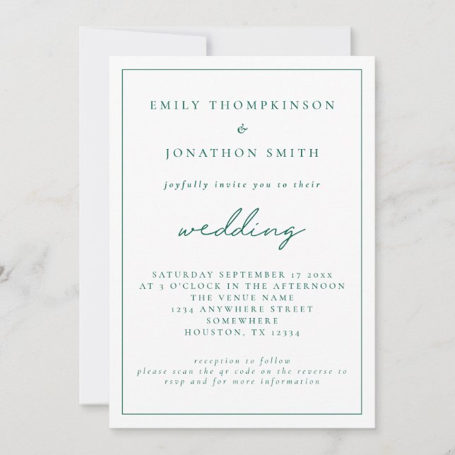  Elegant Emerald Green Script QR Code Wedding  Invitation (Front)