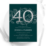 Elegant Emerald Green Silver 40th Birthday Invitation<br><div class="desc">Elegant emerald green silver 40th birthday party invitation. Customisable modern feminine design featuring roses botanical accents and faux glitter silver. Simple floral invite card perfect for a stylish female bday celebration. Personalise with your own details. Printed Zazzle invitations or instant download digital printable template.</div>