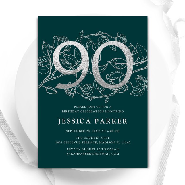Elegant Emerald Green Silver 90th Birthday Invitation (Creator Uploaded)