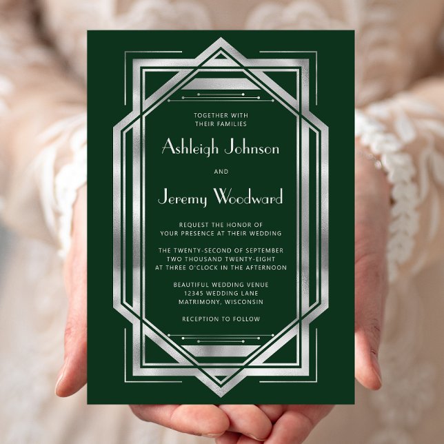 Elegant Emerald Green Silver Vintage Deco Wedding Invitation (Creator Uploaded)