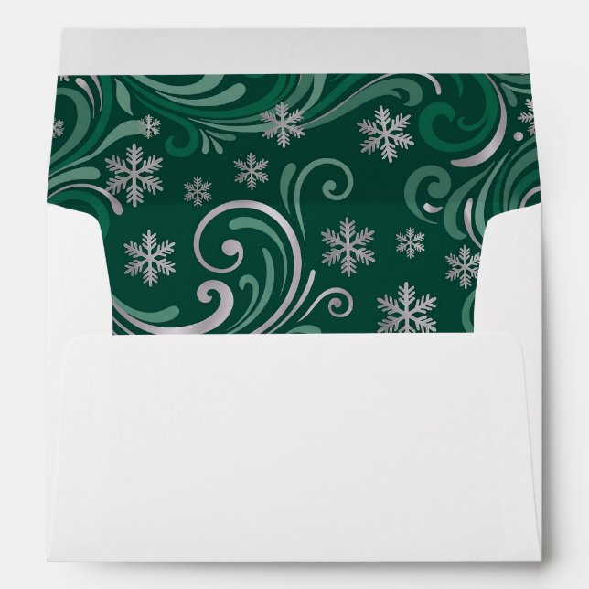 Elegant Emerald Green Snowflakes Winter Wedding Envelope (Back (Bottom))