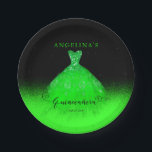 Elegant Emerald Green Spanish Gown Quinceañera Pap Paper Plate<br><div class="desc">A festive yet elegant Quinceañera design featuring a brilliant bright emerald green Spanish gown on a bright emerald green to black fade faux glitter background.  Features lots of green faux glitter for a magical evening.  Composite design by Holiday Hearts Designs.</div>