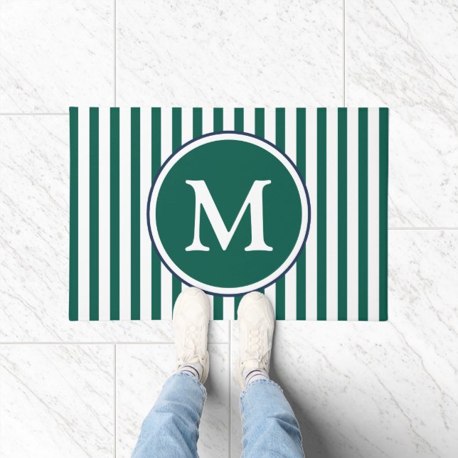 Elegant Emerald Green Stripes Monogram Doormat (Indoor)