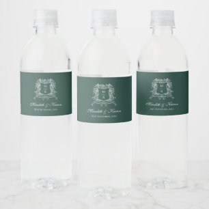 Elegant Emerald Green Vintage Crest Boho Wedding Water Bottle Label