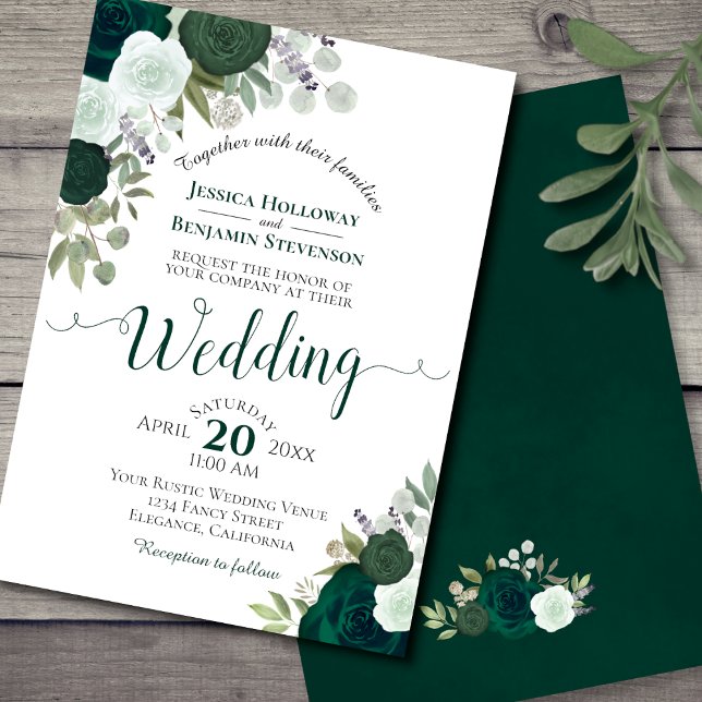 Elegant Emerald Green Watercolor Roses Wedding Invitation (Front and Back)