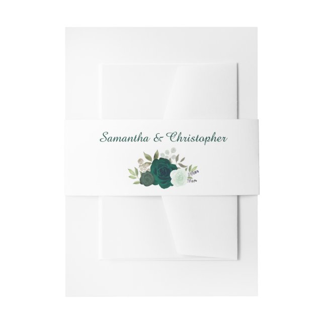 Elegant Emerald Green Watercolor Roses Wedding Invitation Belly Band (Front Example)