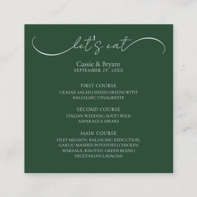 Elegant Emerald Green Wedding Menu Enclosure Card (Front)