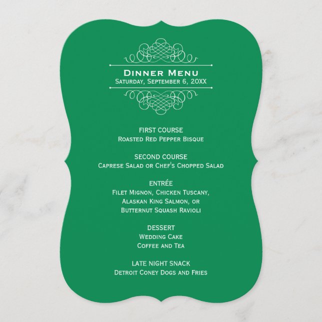 Elegant Emerald Green Wedding Monogram Dinner Menu (Front)