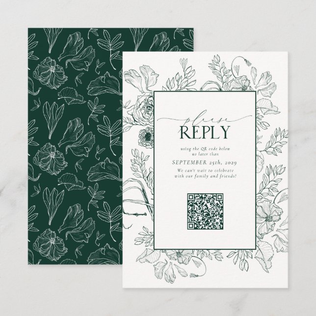 Elegant Emerald Green Wedding QR Code Please Reply RSVP Card (Front/Back)