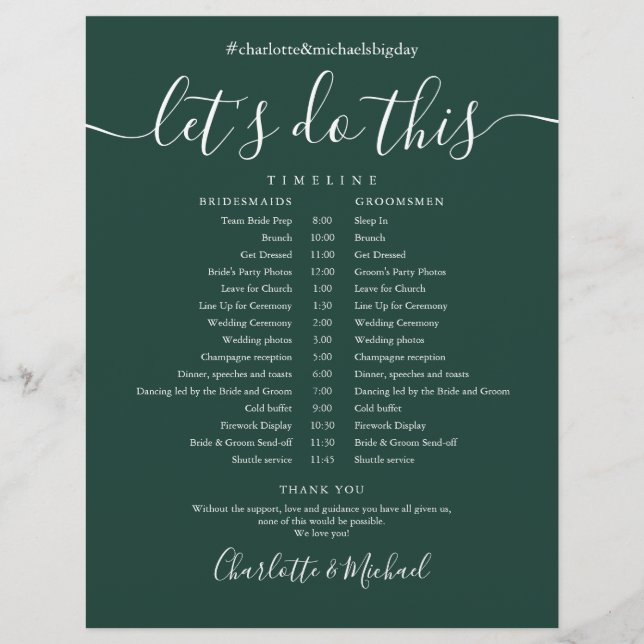 Elegant Emerald Green Wedding Schedule Timeline (Front)
