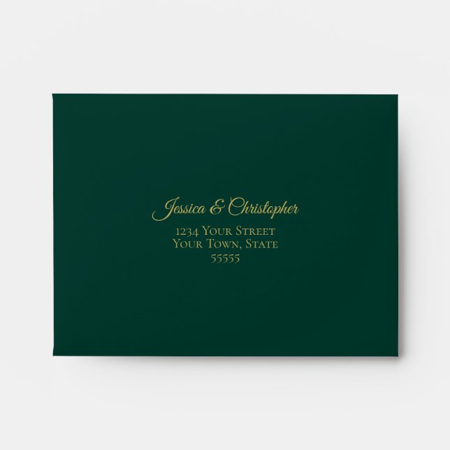 Elegant Emerald Green with Gold Lace Wedding RSVP Envelope (Front)