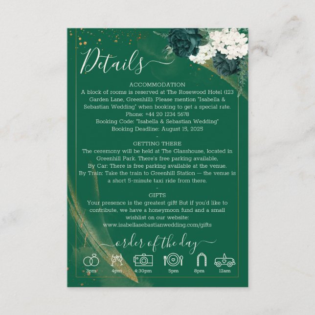 Elegant Emerald Icons Rose Wedding Enclosure Card (Front)