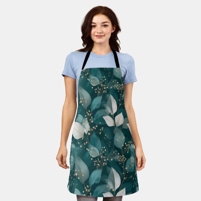 Elegant Emerald Leaf White Floral Pattern Apron (Worn)