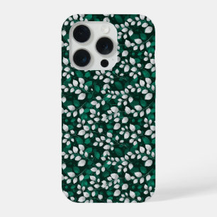 Elegant Emerald Leaf White Floral Pattern iPhone 15 Pro Case