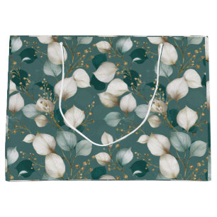 Elegant Emerald Leaf White Floral Pattern Large Gift Bag