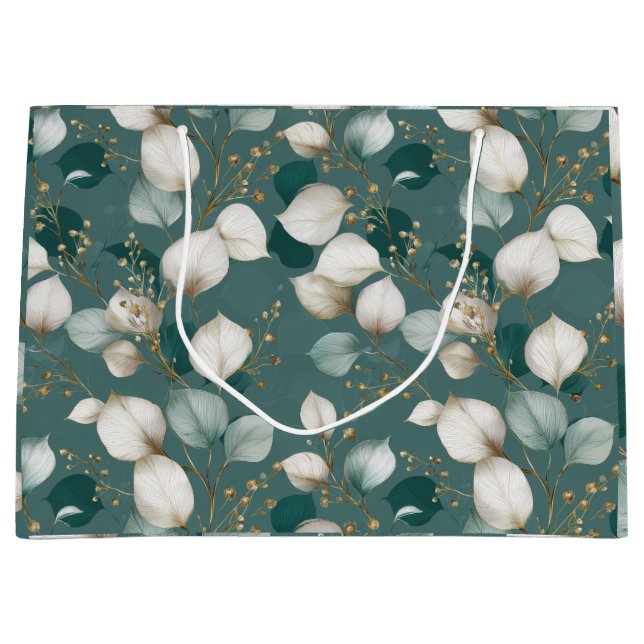 Elegant Emerald Leaf White Floral Pattern Large Gift Bag (Front)