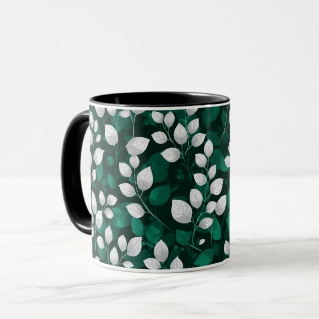 Elegant Emerald Leaf White Floral Pattern Mug (Front Left)