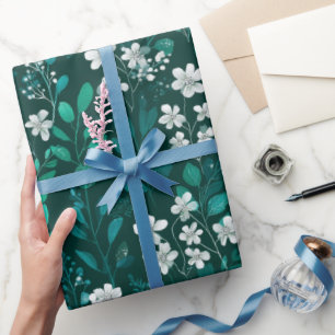 Elegant Emerald Leaf White Floral Pattern Wrapping Paper